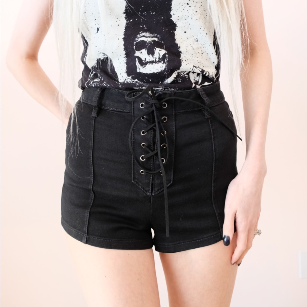 Black Denim Lace Up Shorts